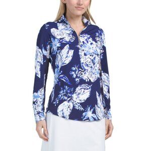 G LIFESTYLE BLUE FLORAL Upf 50 Long Sleeve Zip Mock Neck Jacket